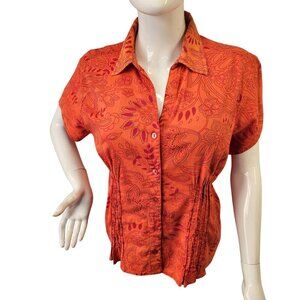70s Poppagallo Short Slv Top Womens L Button Up Retro Faded Tangerine Paisley